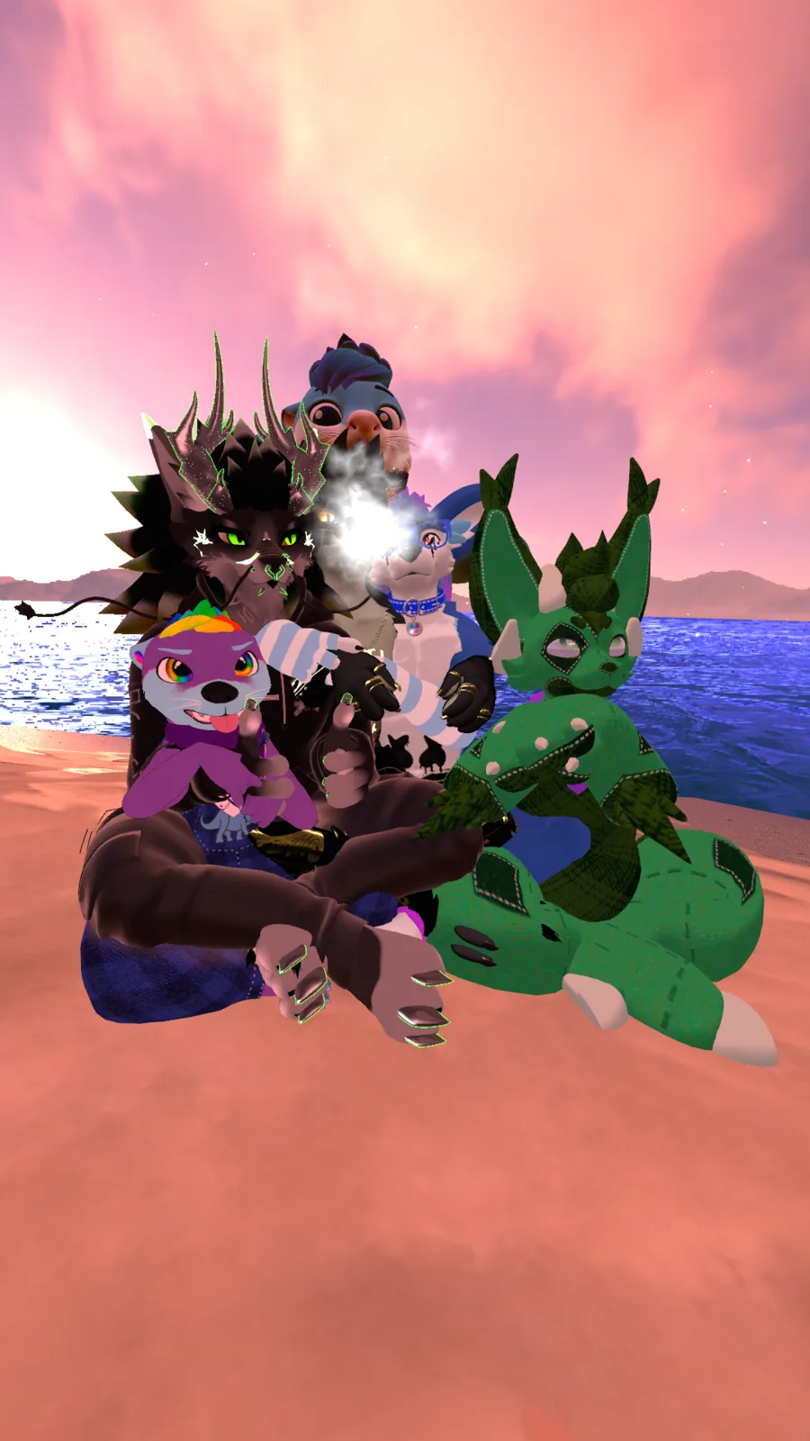 Mello Zone friends together in VRChat A group of furry avatars gathered together on a VRChat beach at sunset
