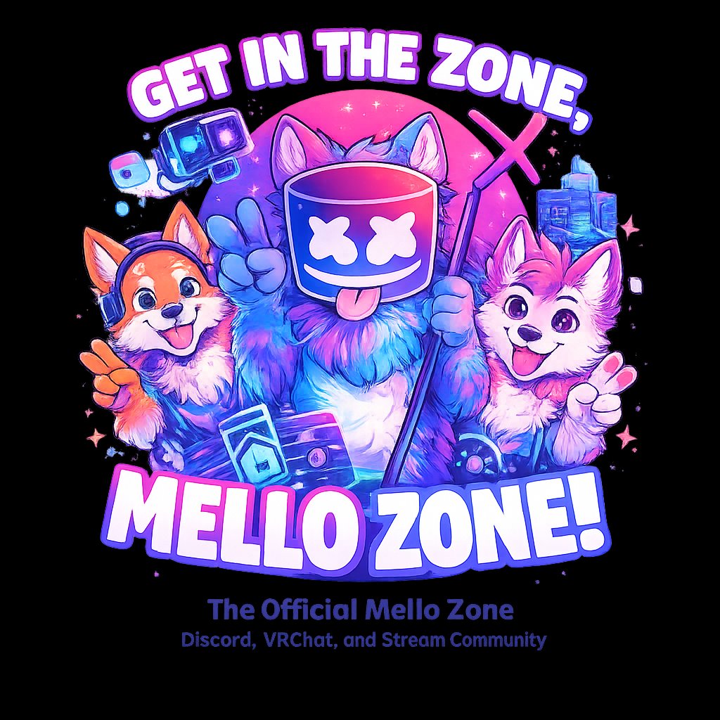 Get in the Zone — official Mello Zone furry community artwork Get in the Zone, Mello Zone! Colorful furry characters with a VR headset, headphones, and the Mello Zone mascot.